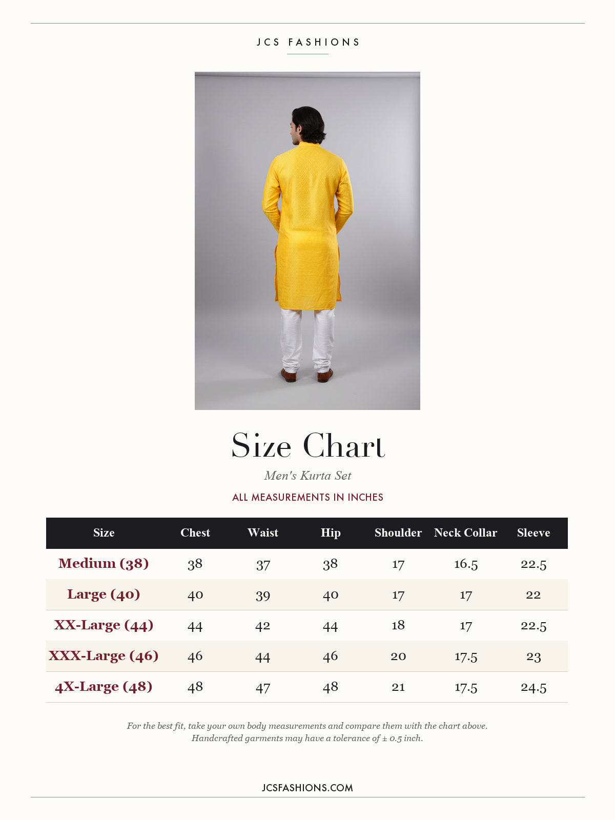 Size Chart — Yellow Men's Kurta - Traditional Design Meets Modern