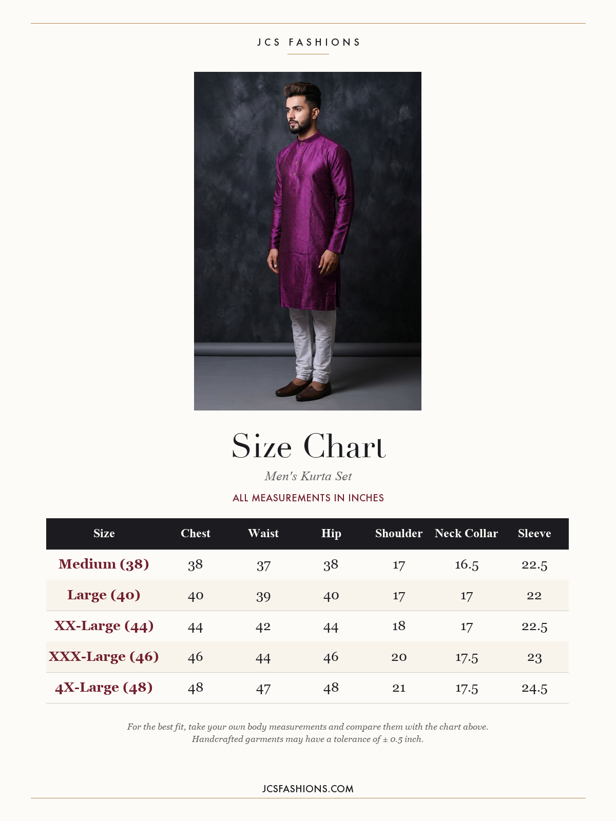 Size Chart — Purple Men's Diamond Pattern Kurta