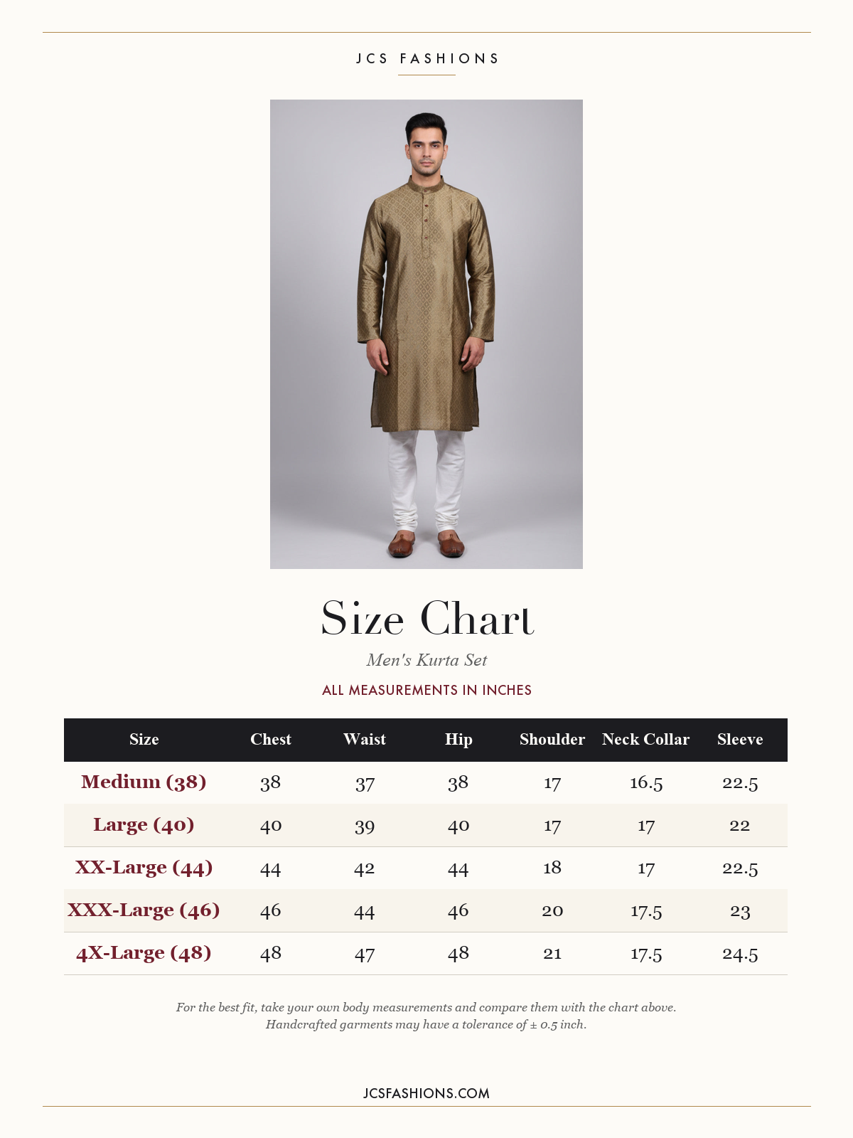 Size Chart — Green Modern Men's Diamond Pattern Kurta - Tradition