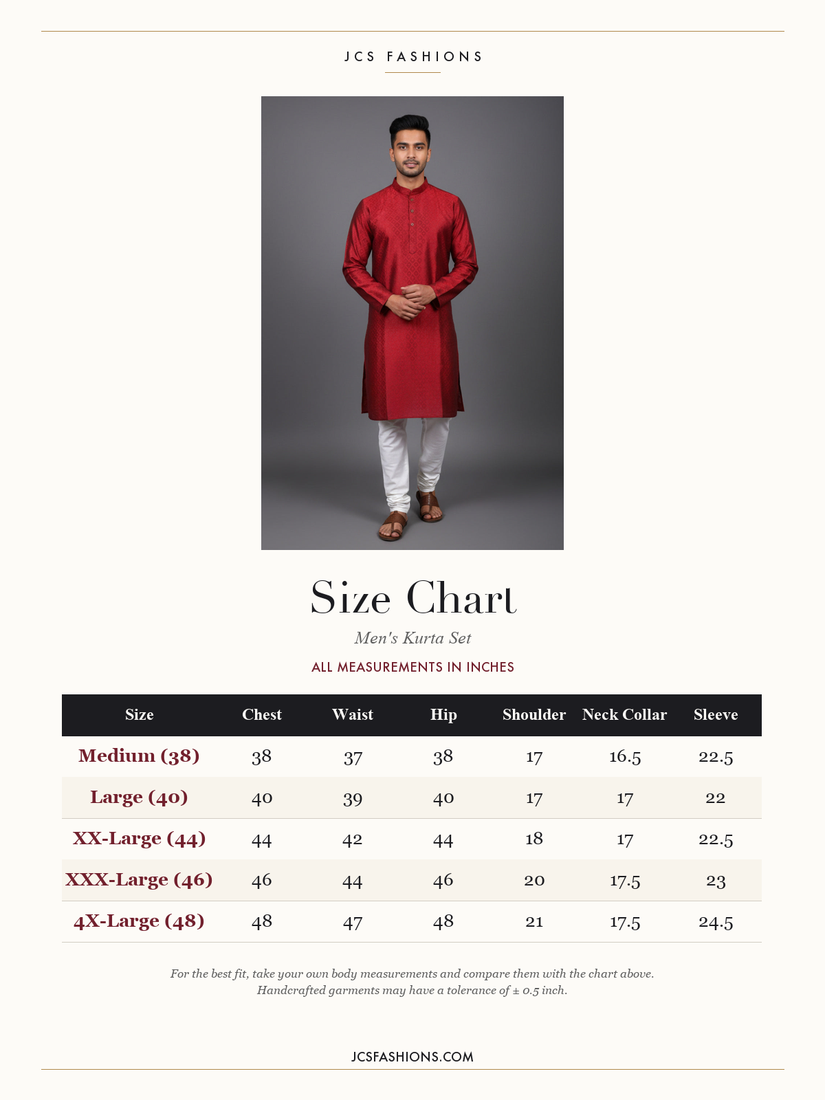 Size Chart — Red Diamond Pattern Men's Kurta: Classy & Modern Fit