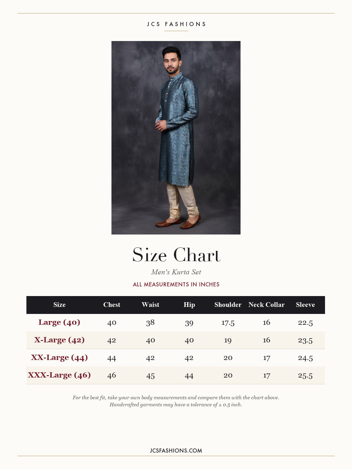 Size Chart — Gray Men's Jacquard Kurta for Weddings & Festive Events
