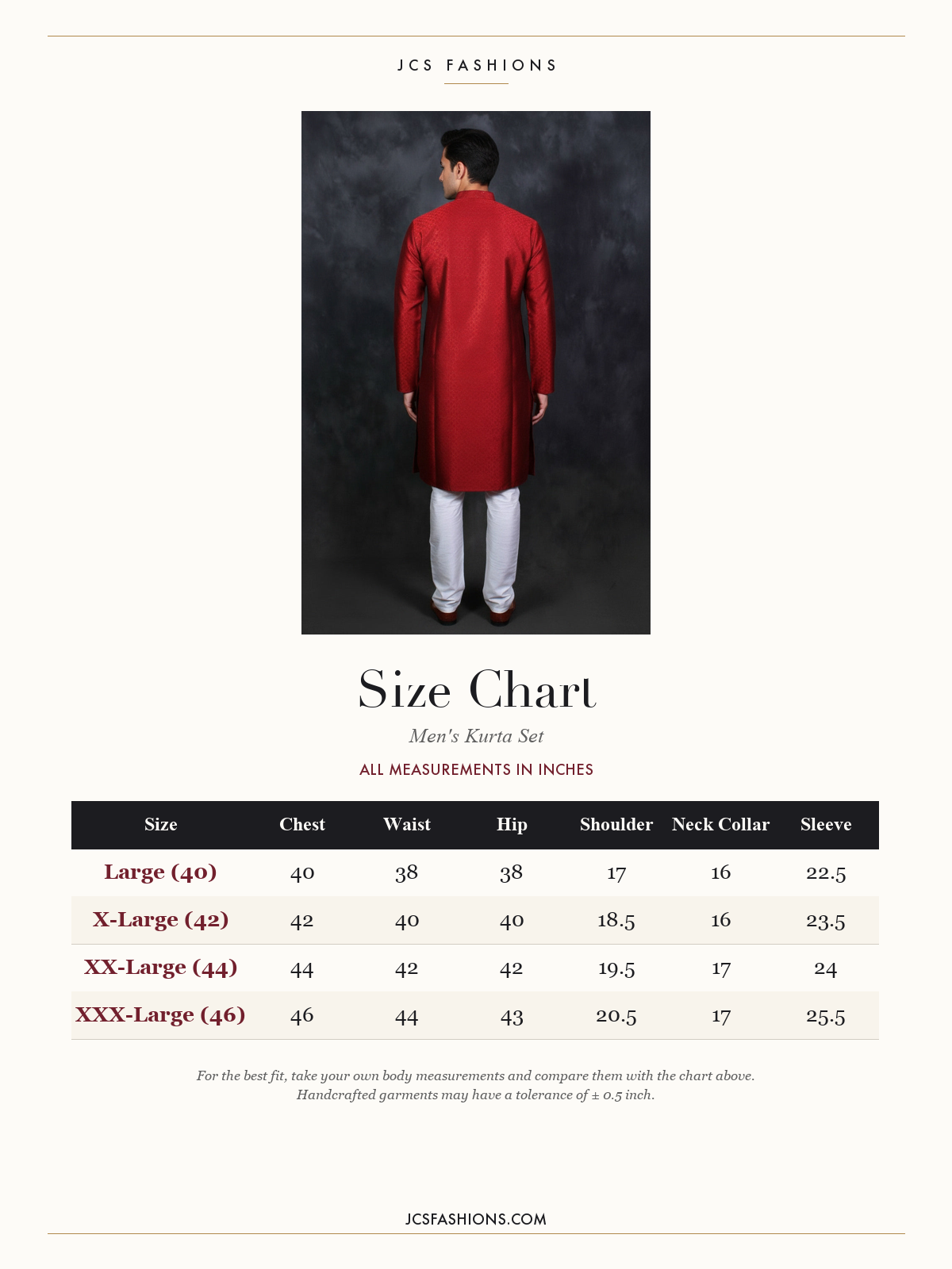 Size Chart — Red Patterned Kurta Pyjama & Jodhpuri Suit