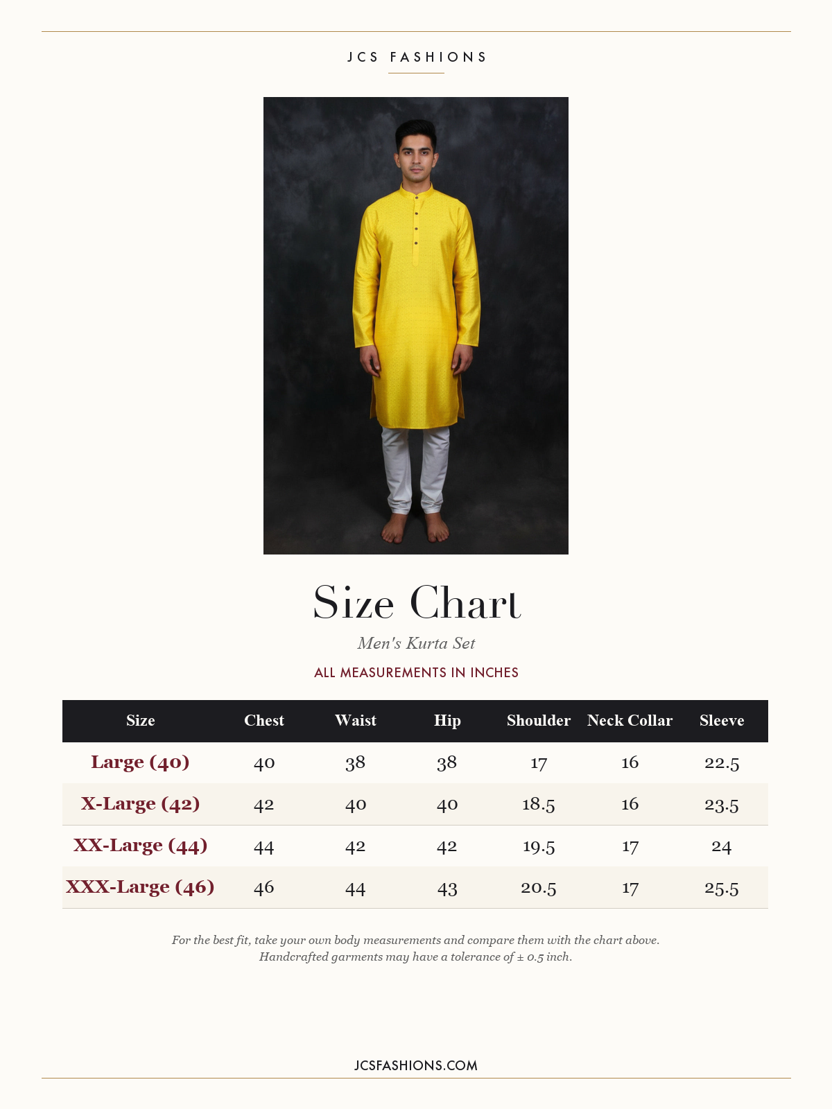 Size Chart — Yellow Men's Kurta Pyjama Jodhpuri Suit - Traditional