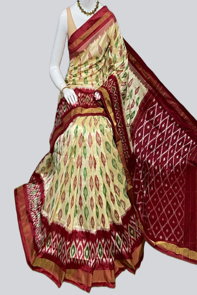 Soft and Flowy Pure Pochampally Ikkat Silk Saree in Cream SAREE JCS Fashions Cream 5.5 meters