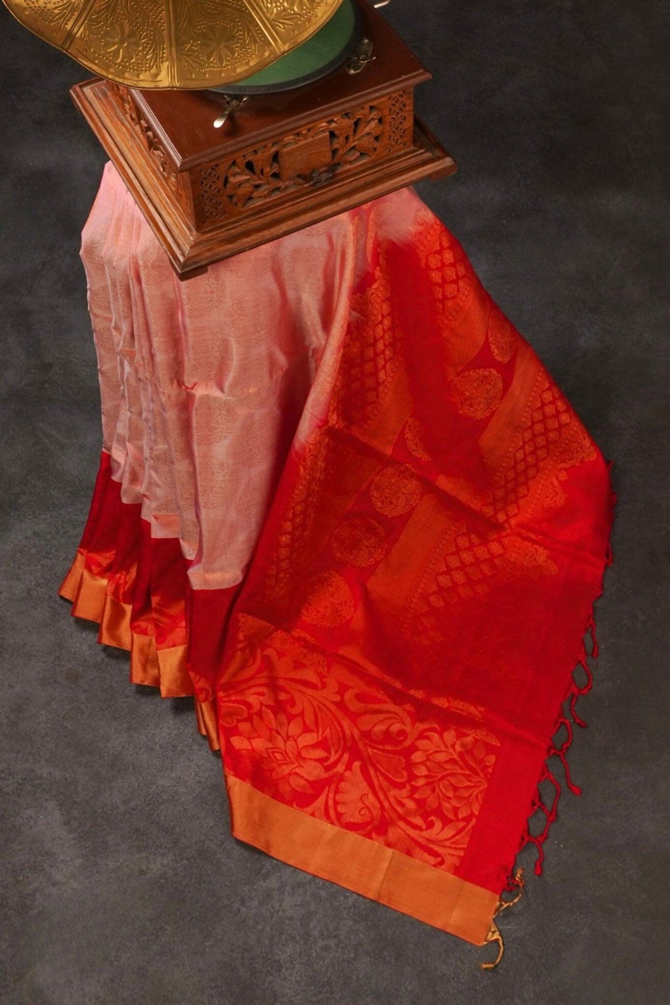 Soft Kanchipuram Silk Saree in Pink with Red Border & Maggam Work Blouse