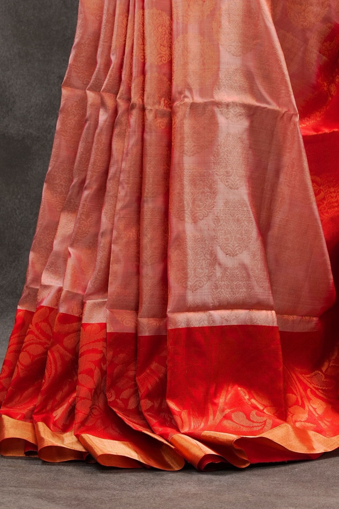 Soft Kanchipuram Silk Saree in Pink with Red Border & Maggam Work Blouse
