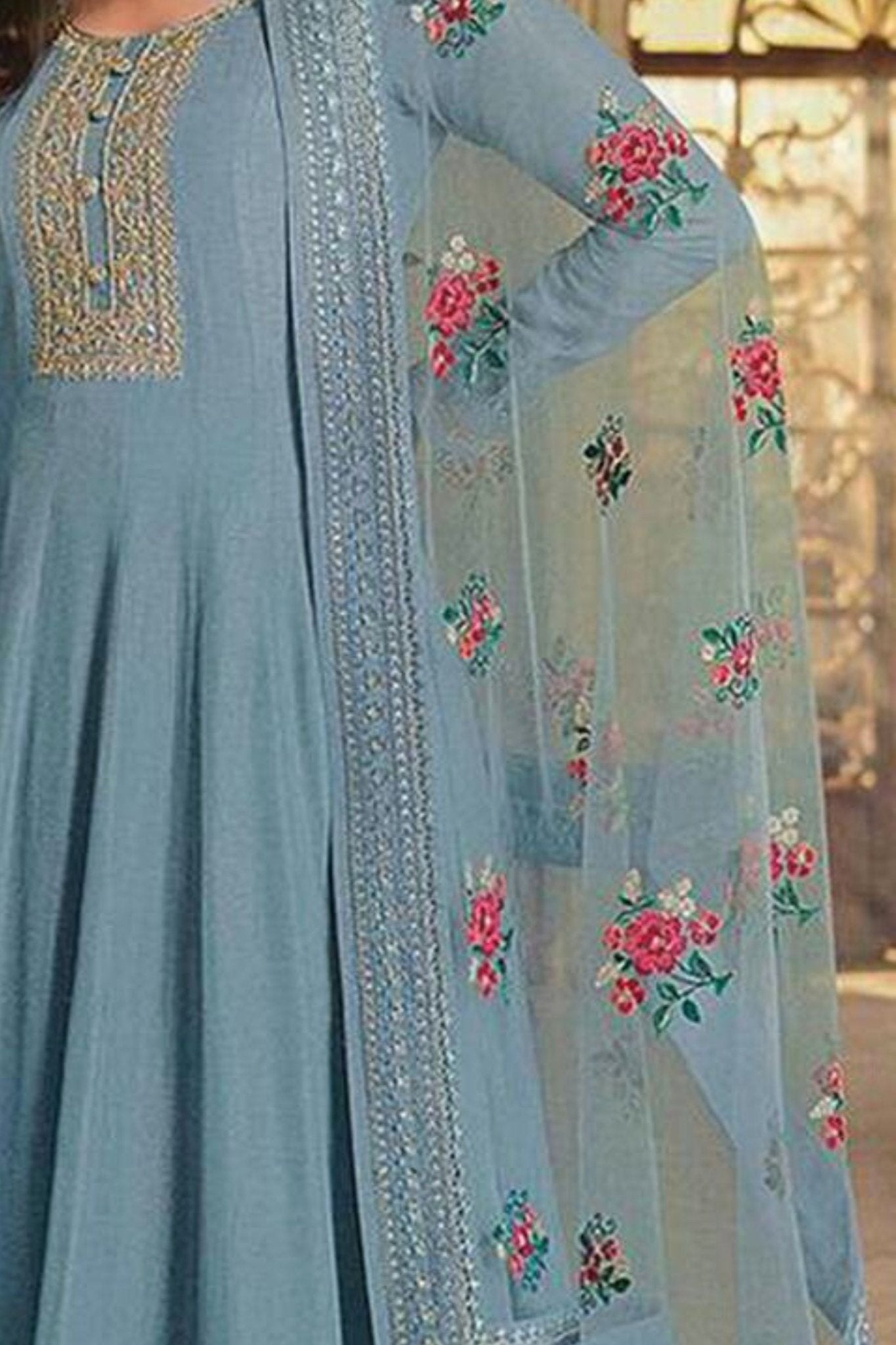 Embroidered Dola Silk A-Line Gown Set with Santoon Bottom & Net Dupatta