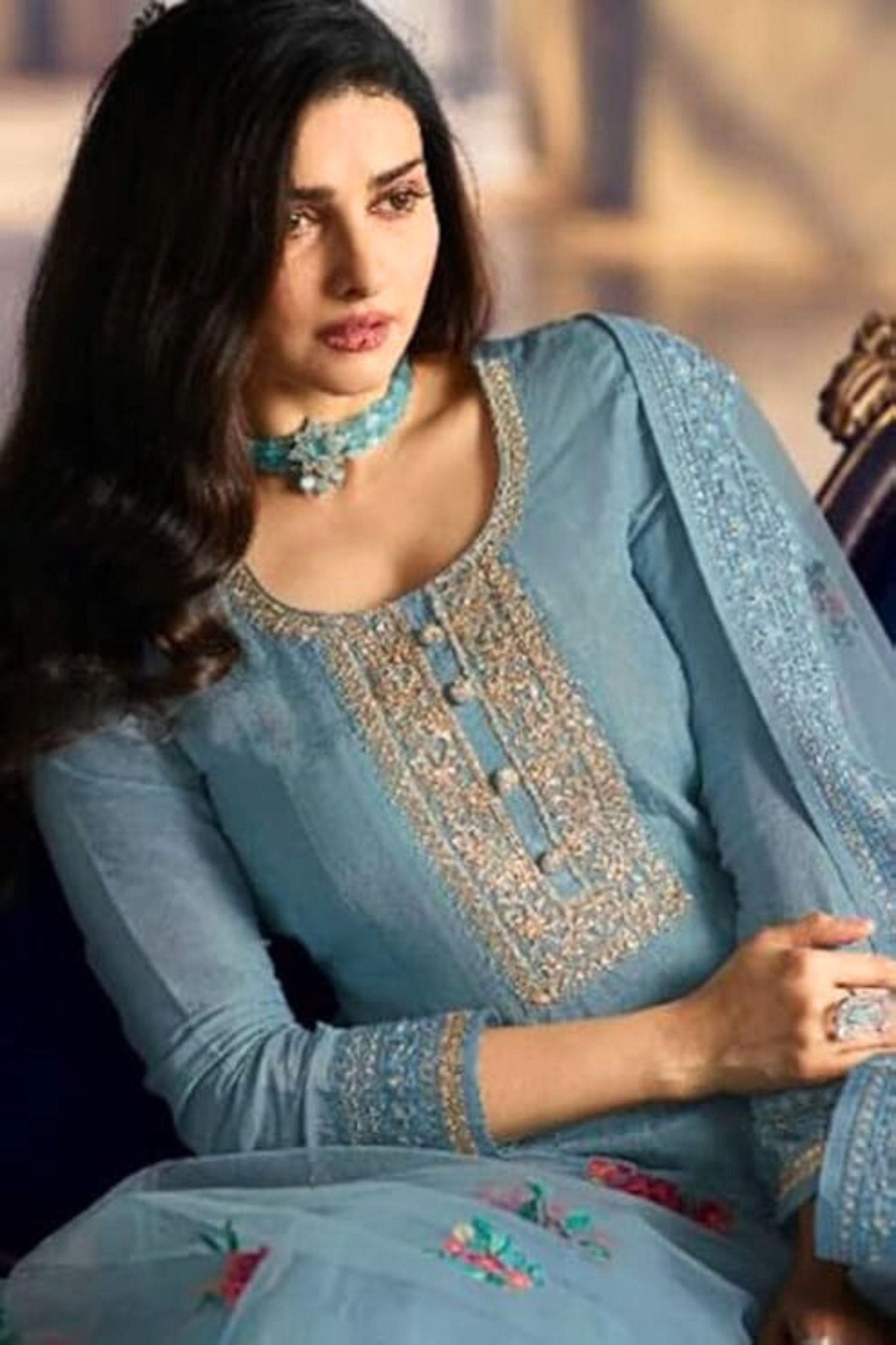 Embroidered Dola Silk A-Line Gown Set with Santoon Bottom & Net Dupatta