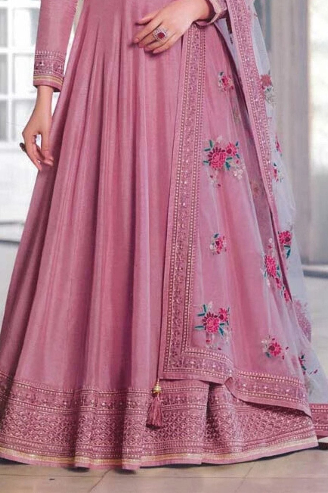Mellow Mauve Dola Silk A-Line Gown with Embroidery & Net Dupatta
