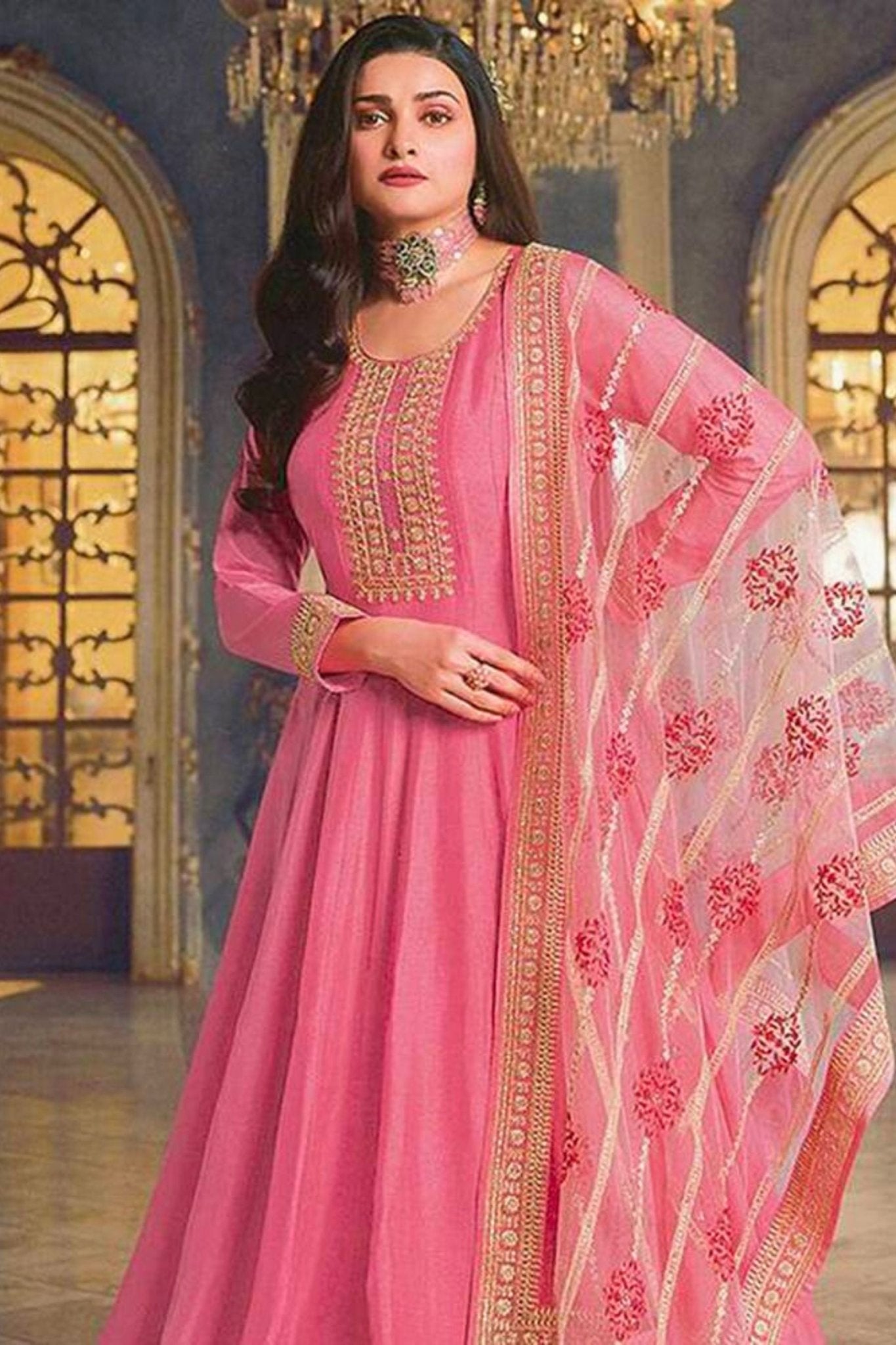 Pink Dola Silk Embroidered A-Line Gown with Net Dupatta Set