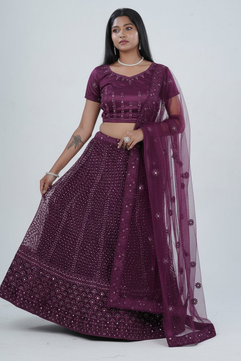 Stunning Net Lehenga Adorned with Stone and Mirror Detailing LEHENGA JCS Fashions Wine Large (40)