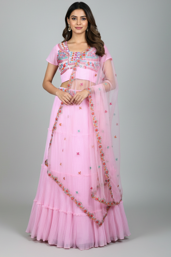 Pink Georgette Lehenga Choli with Embroidery