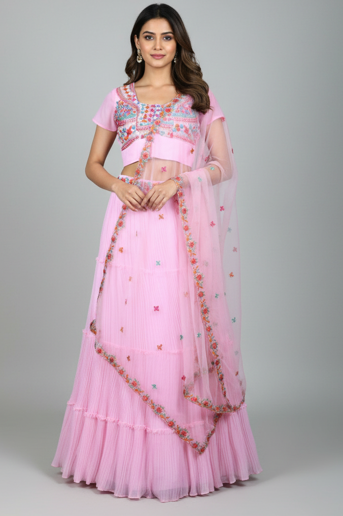 Pink Georgette Lehenga Choli with Embroidery