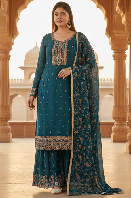 Stunning Soft Chinnon Silk Sharara - Elegant Handwork Embroidery KURTI JCS Fashions Sea Green Small (36)