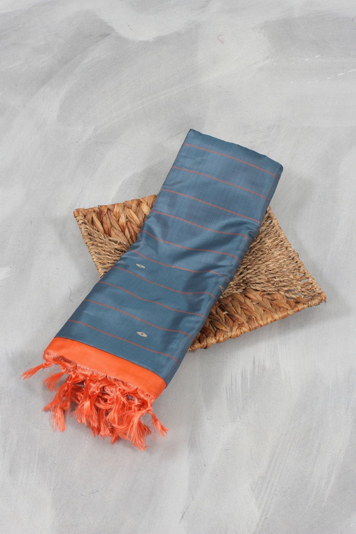 Sustainable Elegance: Handwoven Banana Pith Saree with Contrasting Blouse Saree JCS Fashions Grey & Orange 5.5 meters