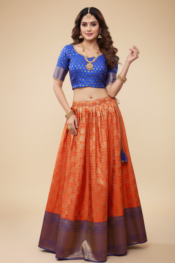 Traditional Banarasi Pattu Pavas Lehenga With Kanchi Border Blouse