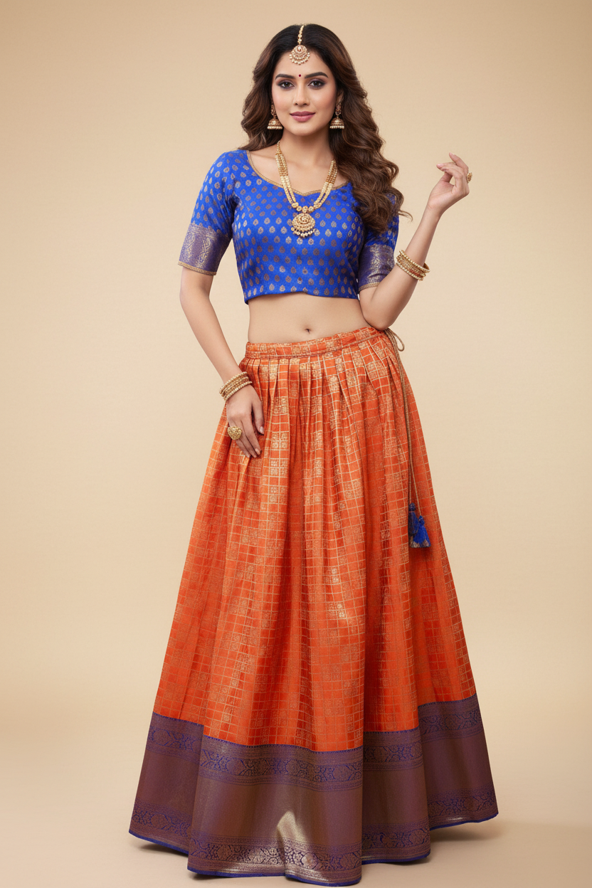 Traditional Banarasi Pattu Pavas Lehenga With Kanchi Border Blouse