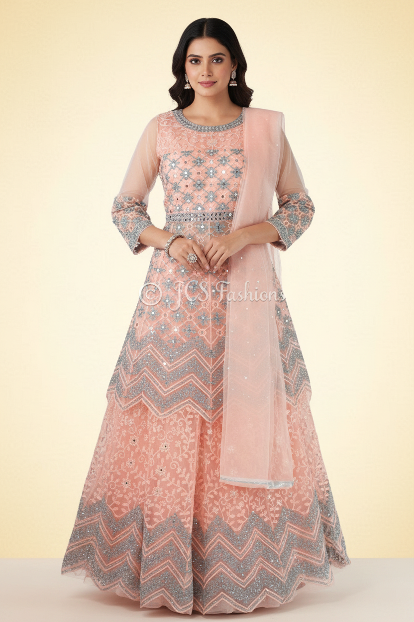 Traditional Embroidery And Mirror Work Soft Net Lehenga