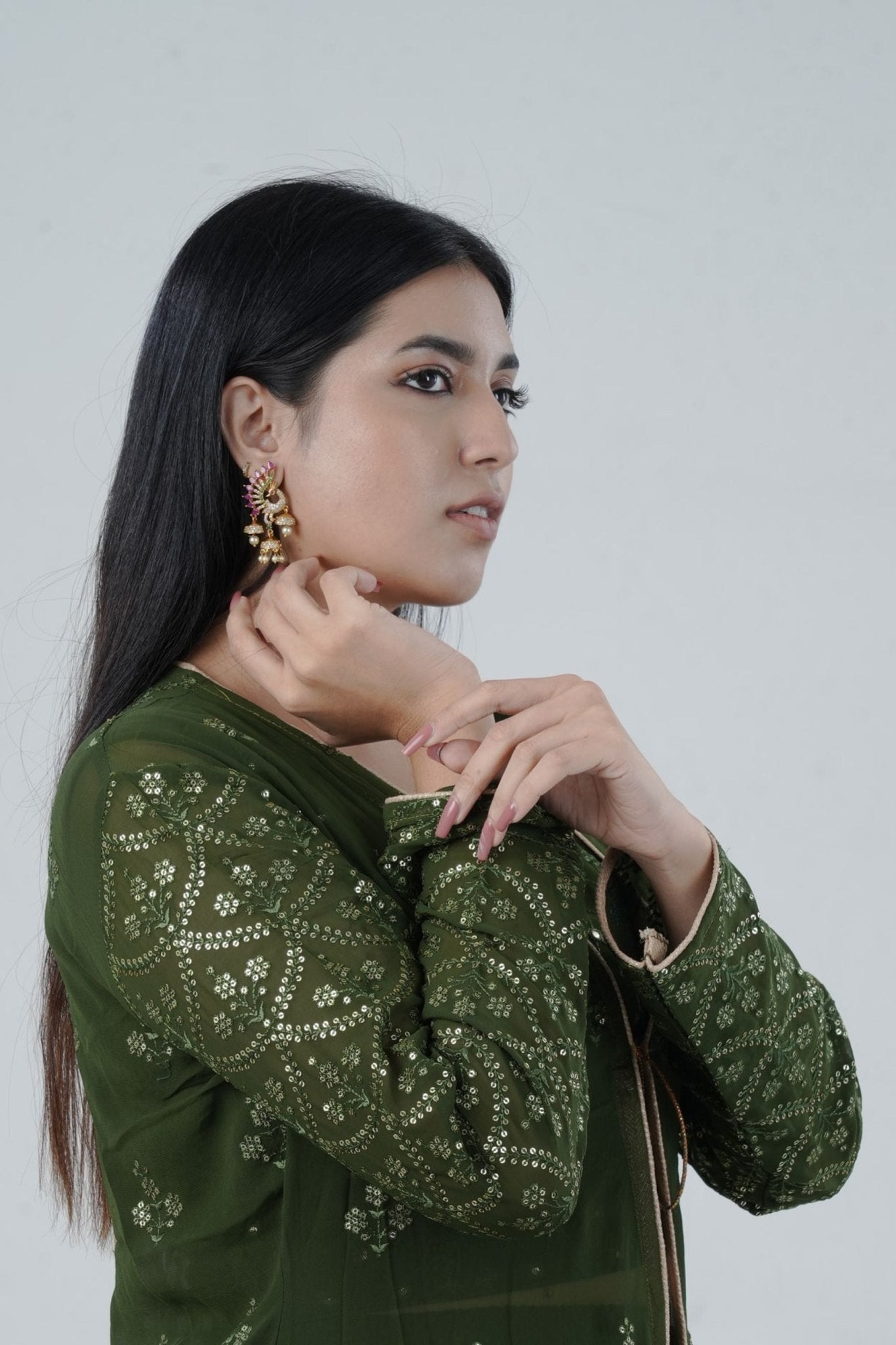 Traditional Peacock Jhumka Earrings with Sparkling Pink & White Stones Jewelry JCS Fashions Matte 2"