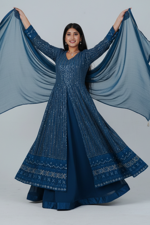 Blue Georgette Salwar Suit with Skirt - Embelished