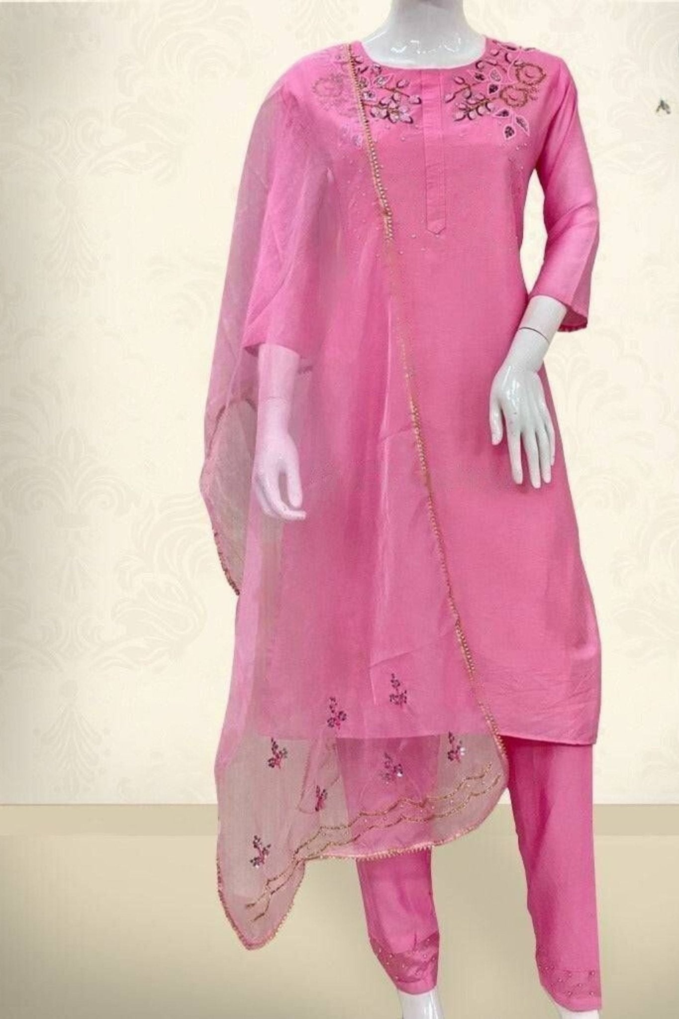 Zardosi Pearl Art Silk Festive Suit with Embellished Organza Dupatta Set Kurti JCS Fashions Pink Large (40)