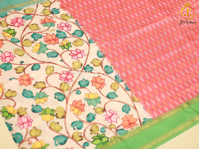Satin Saree with Pitchwai And Kalamkari Design, Fully stitched blouse