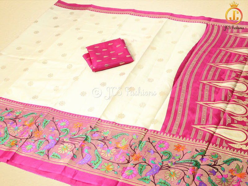 Foil Print Paithani Silk Printed Saree With Contrast Foil Print Blouse