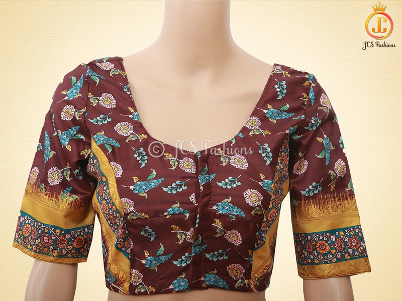 Kalamkari Design Saree With Blouse, Brown Color Saree with Floral designs