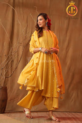 Women's Cotton Asymmetrical Kurta Set With Stole and Potli Pants