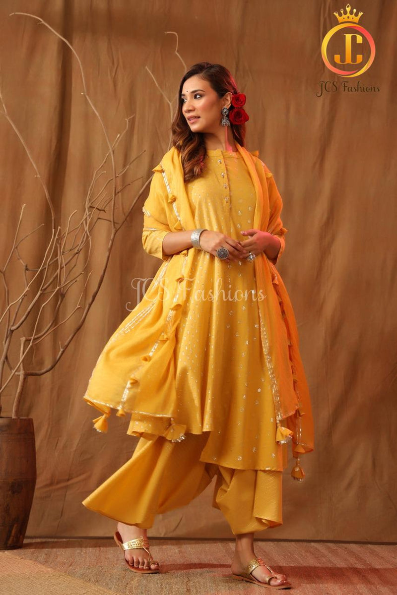 Women's Cotton Asymmetrical Kurta Set With Stole and Potli Pants