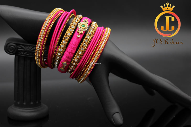 Silk Thread Bangles with Stone Work in Pink Color