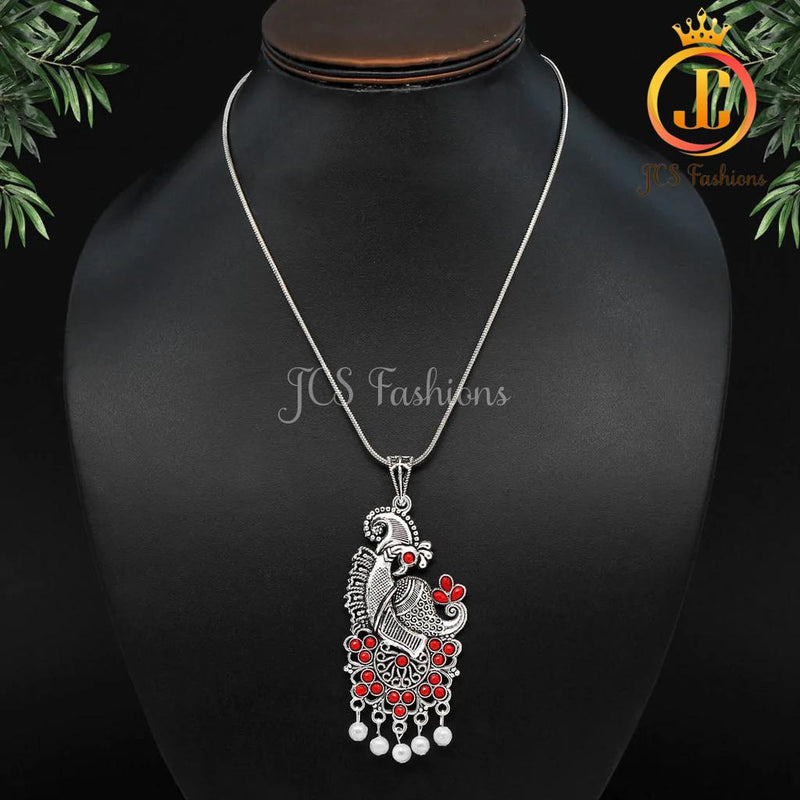 Red Color Peacock Inspired Silver Plated Necklace For Women