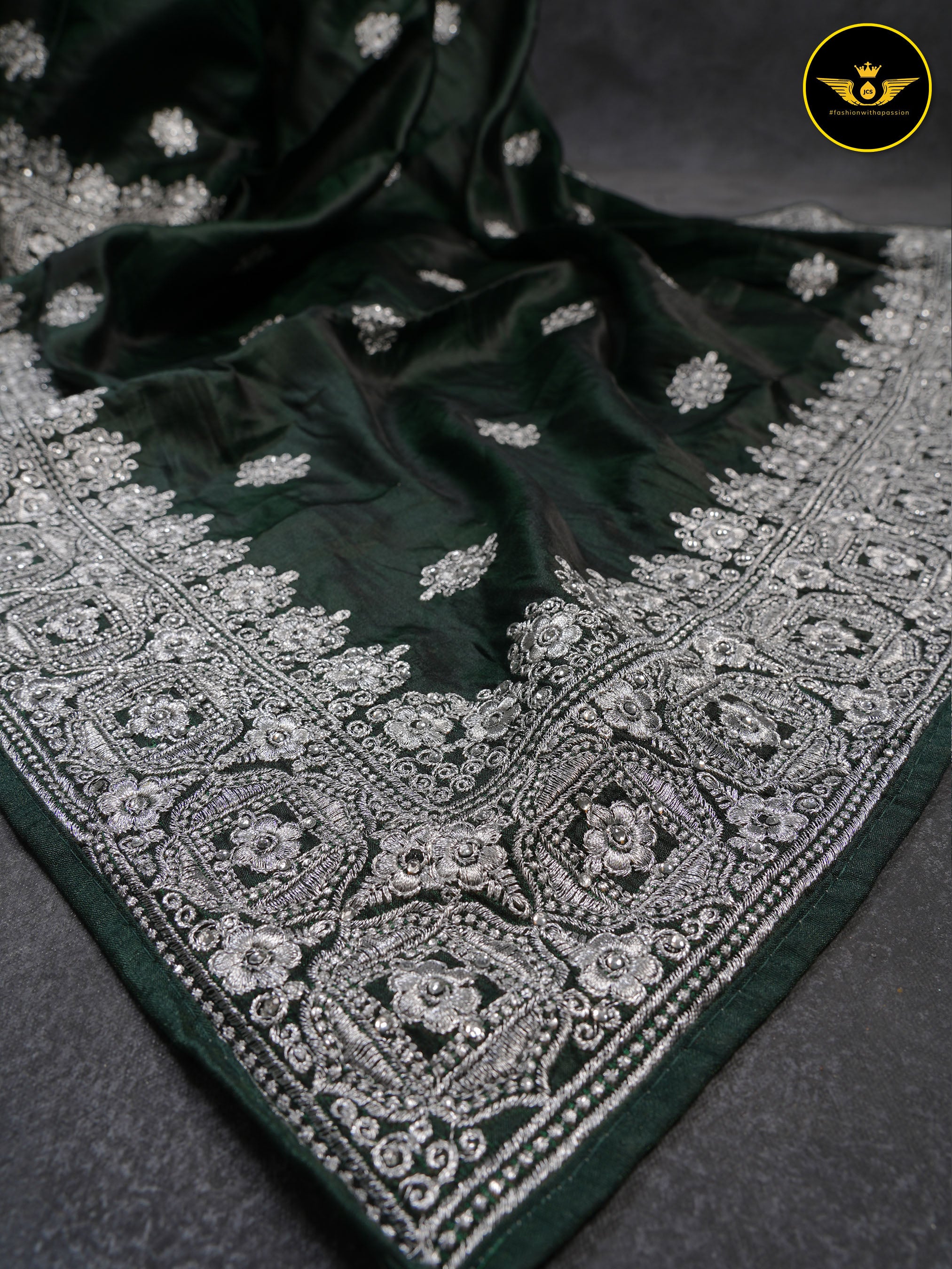 Heavy Tussar Silk Saree With Silver Jari Embroidery And Stone Work SAREE JCS Fashions