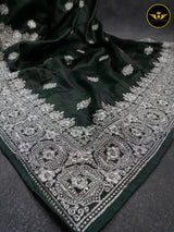 Heavy Tussar Silk Saree With Silver Jari Embroidery And Stone Work
