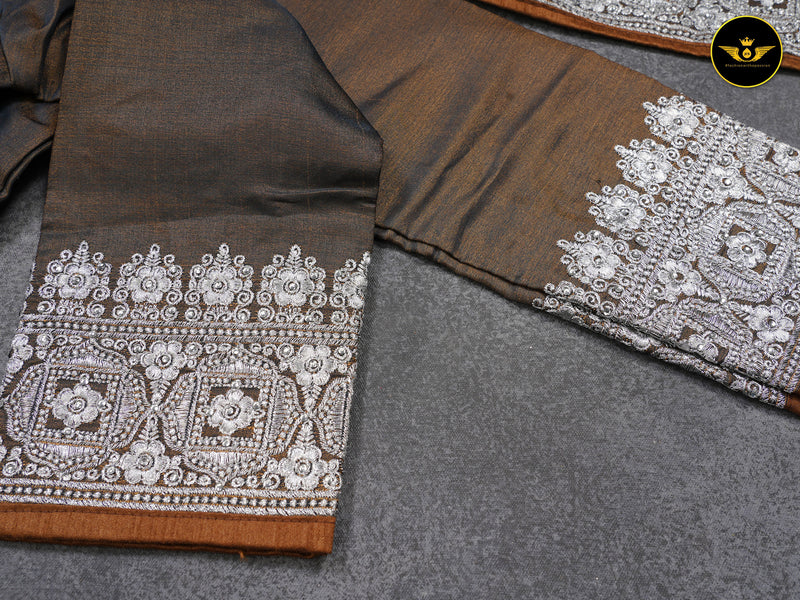 Silver Jari Embroidery And Stone Work Heavy Tussar Silk Saree