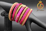 Silk Thread Bangles with Stone Work in Pink Color