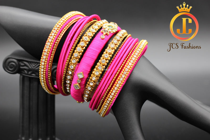 Silk Thread Bangles with Stone Work in Pink Color