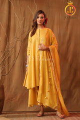 Women's Cotton Asymmetrical Kurta Set With Stole and Potli Pants