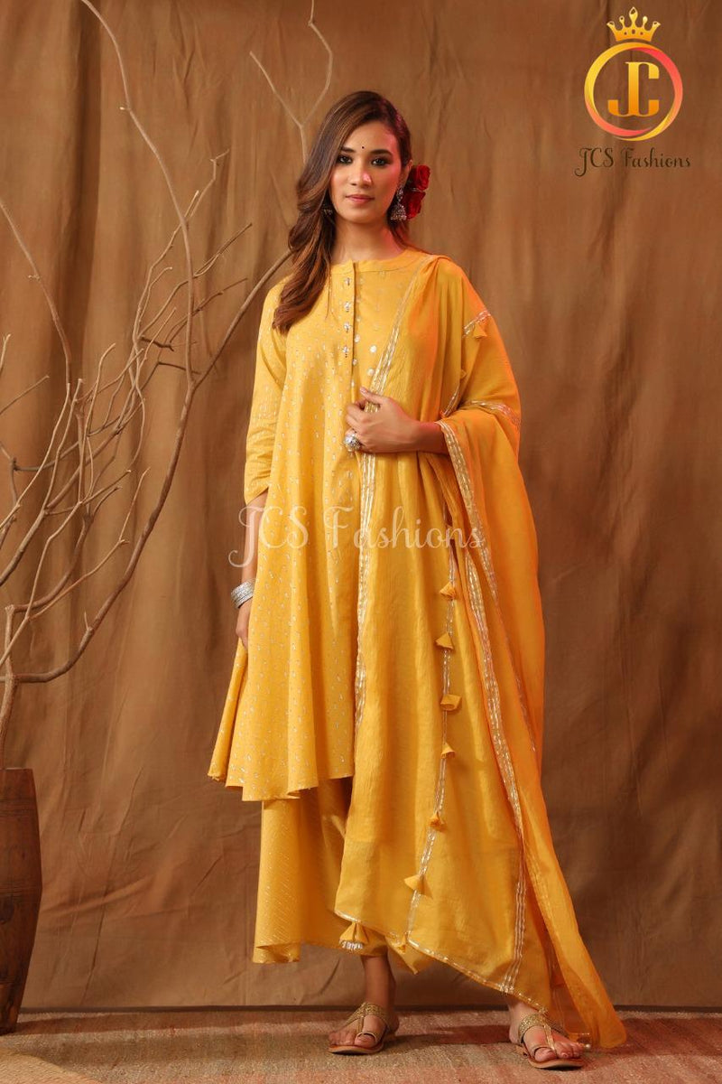 Women's Cotton Asymmetrical Kurta Set With Stole and Potli Pants