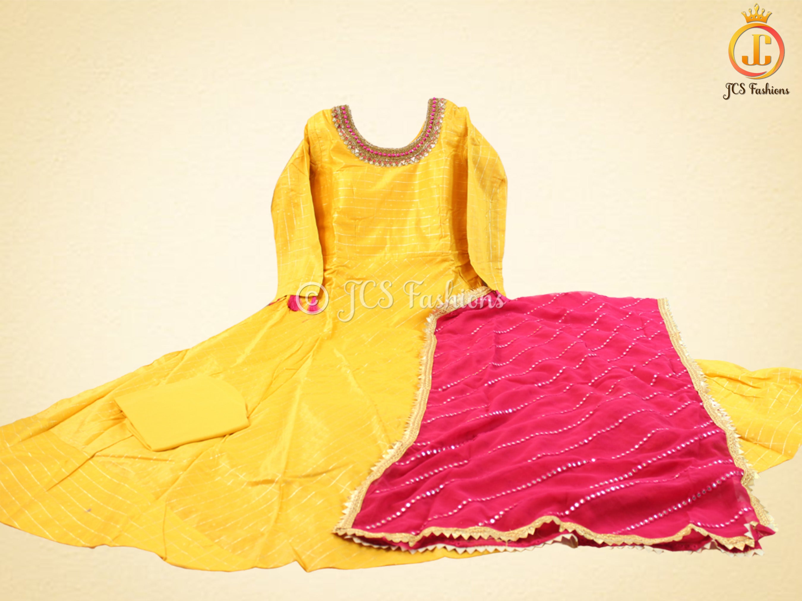 Traditional Anarkali long gown with self zari weaving in Yellow KURTI JCS Fashions