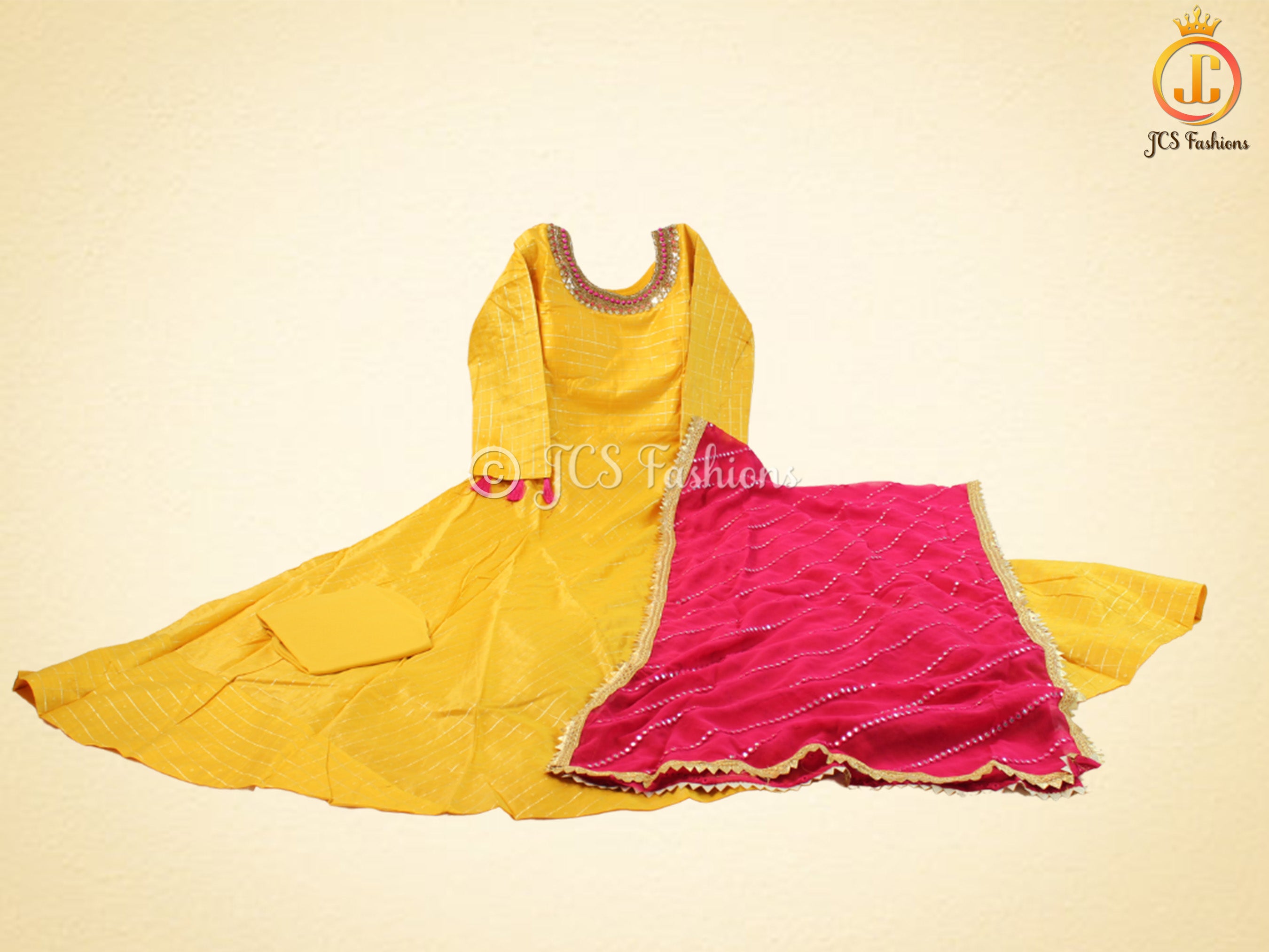 Traditional Anarkali long gown with self zari weaving in Yellow KURTI JCS Fashions