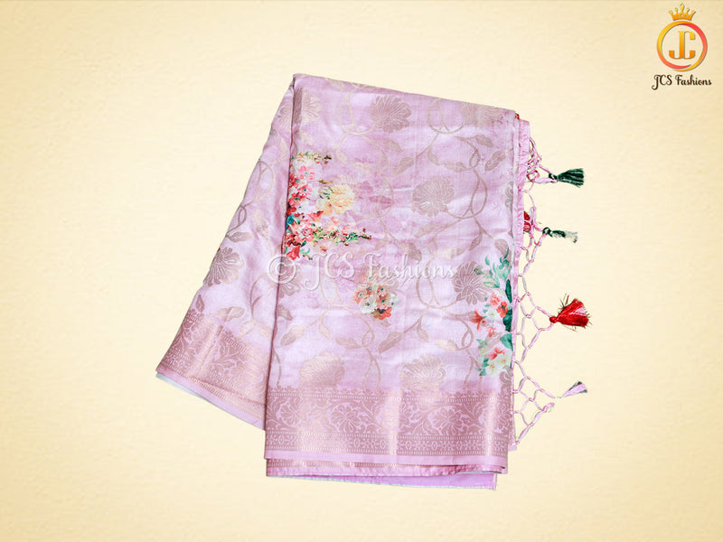 Semi Munga silk saree with digital print and weaving design. Grand pallu.