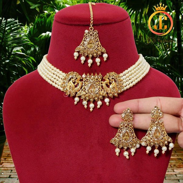 Gold color Antique Choker Necklace Set with earrings and tikka