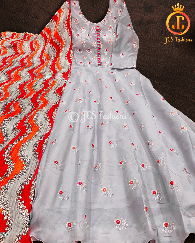 Long gown with mirror and sequins work in grey