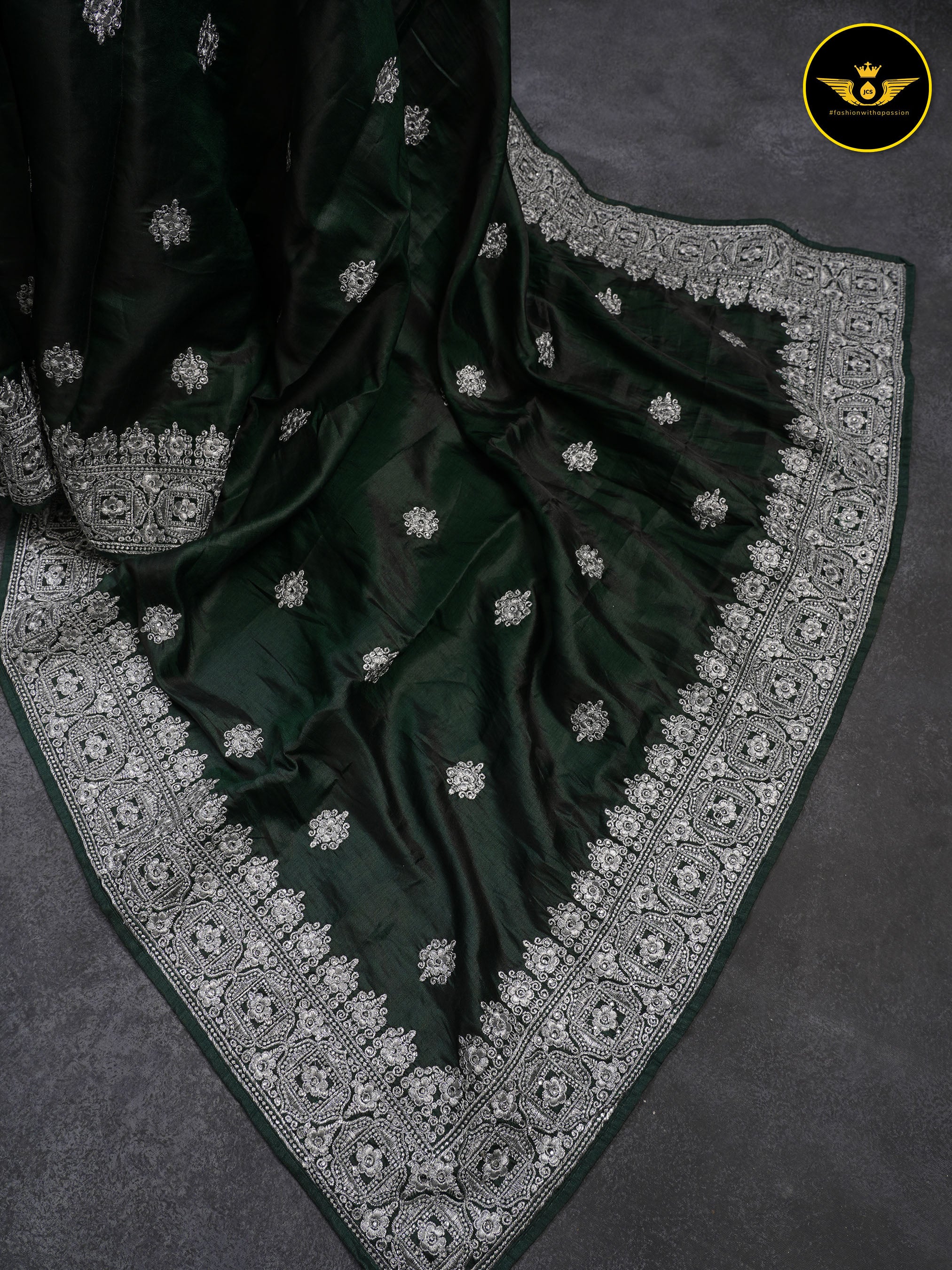 Heavy Tussar Silk Saree With Silver Jari Embroidery And Stone Work SAREE JCS Fashions