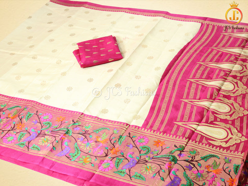Foil Print Paithani Silk Printed Saree With Contrast Foil Print Blouse