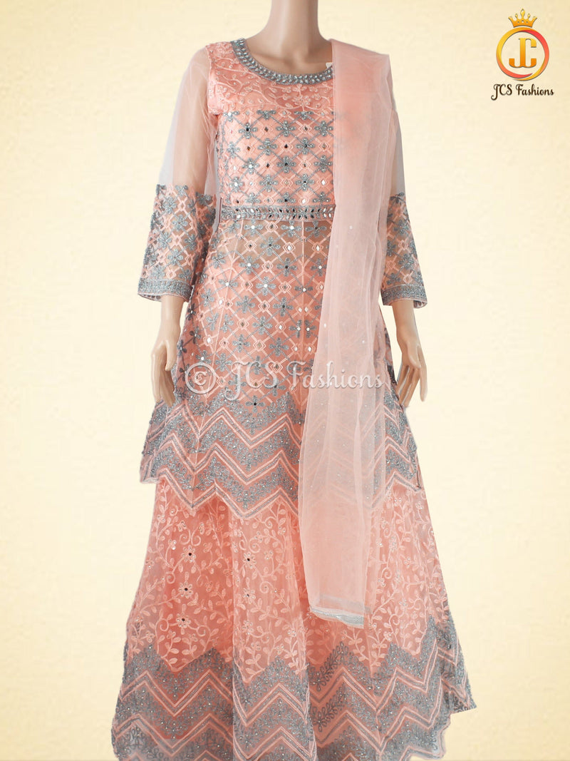 Traditional Embroidery And Mirror Work Soft Net Lehenga