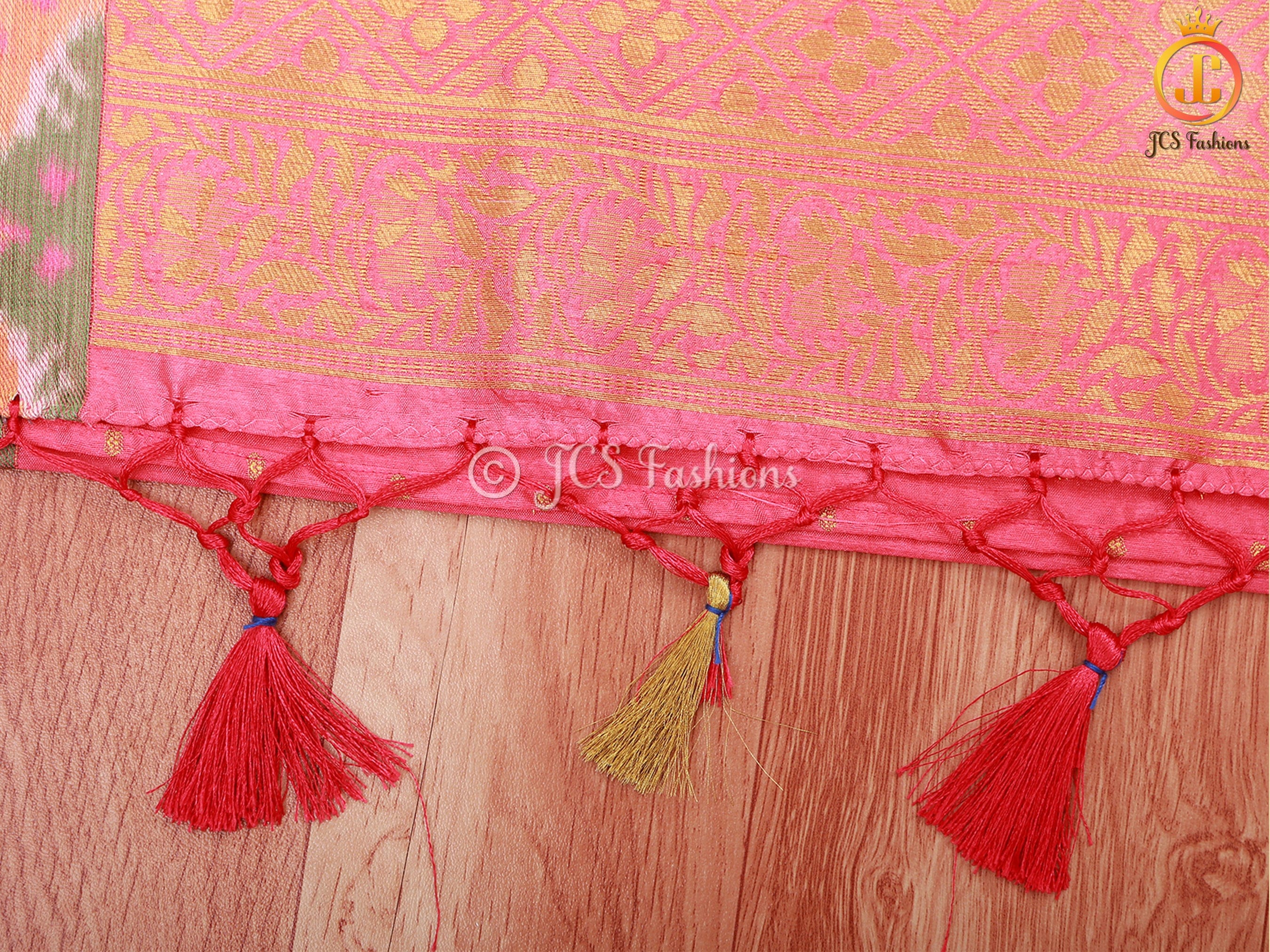 Golden Zari & Pochampally Ikkat Border Semi Silk Saree With Blouse SAREE JCS Fashions