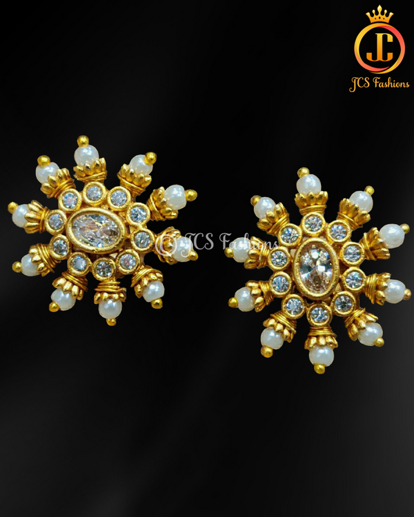 White Stone and Pearl Stud Earrings - Elegant Gold Polish | JCSFashions