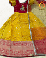 Traditional Long Gown with zari borders in Unique Red and Yellow